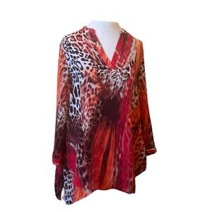 Zac & Rachel Animal Print Multi-level Tunic Sz S - red black orange white